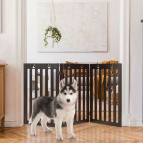 36 Inch Folding Wooden Freestanding Pet Gate Dog Gate with 360�� Flexible Hinge (Color: Dark Brown)